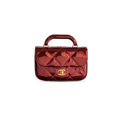 CHANEL FLAP BAG WITH TOP HANDLE METALLIC MIRROR CALFSKIN & GOLD-TONE METAL BURGUNDY AS5850 (18.5*12.9*4.5cm)
